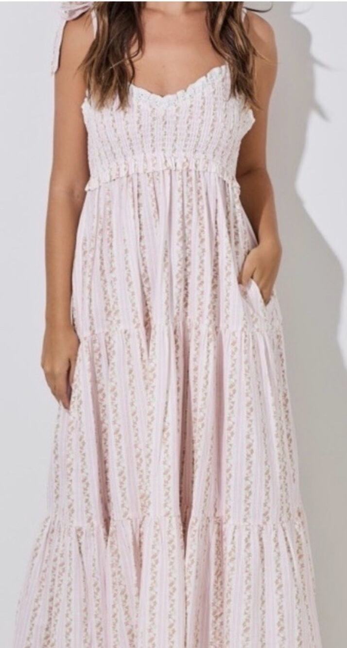 Baevely Tie-Shoulder Light Pink Floral Maxi Dress with Smocked Bodice Sz S NWT